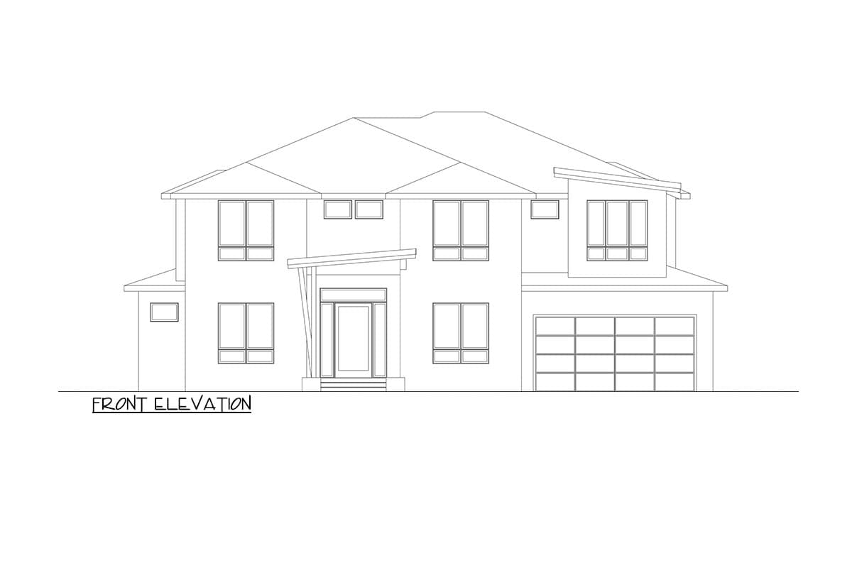 Front elevation drawing of a two-story modern house with a prominent roofline, large windows, and an attached garage.