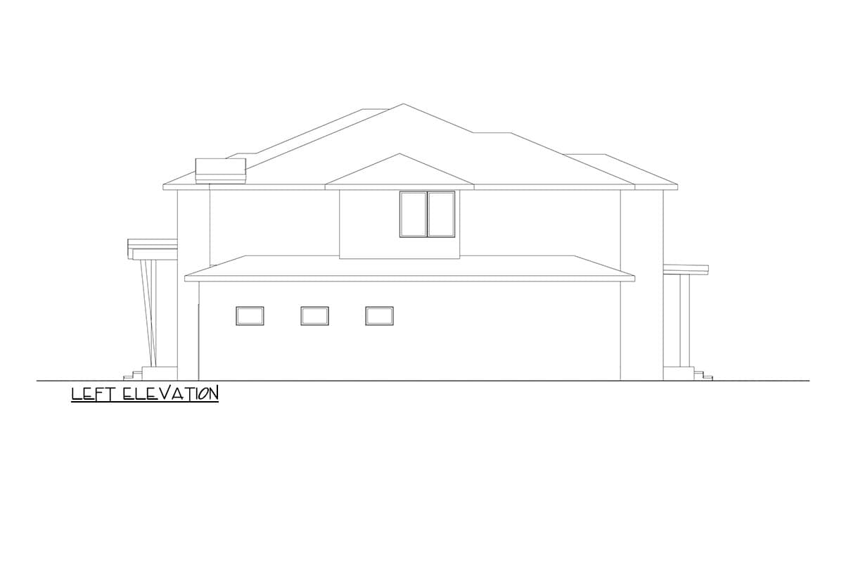 Left elevation house plan drawing showing a two-story structure with multiple gables and a chimney.