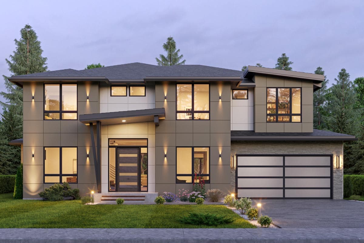 House plan exterior with modern style, two stories, flat roof, and a covered entry. Features include a side-entry garage and large windows.