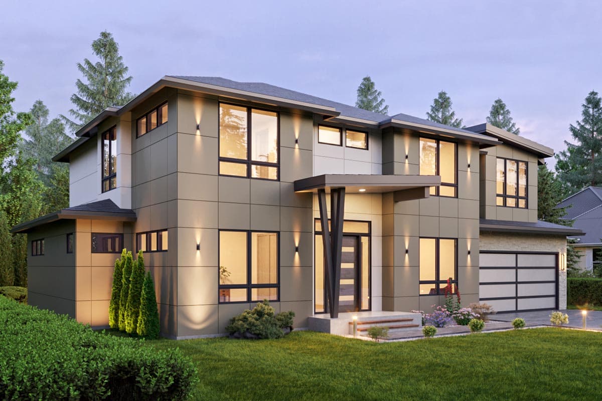 Modern two-story house plan exterior with multi-paneled siding, large windows, and a covered entrance with decorative posts.