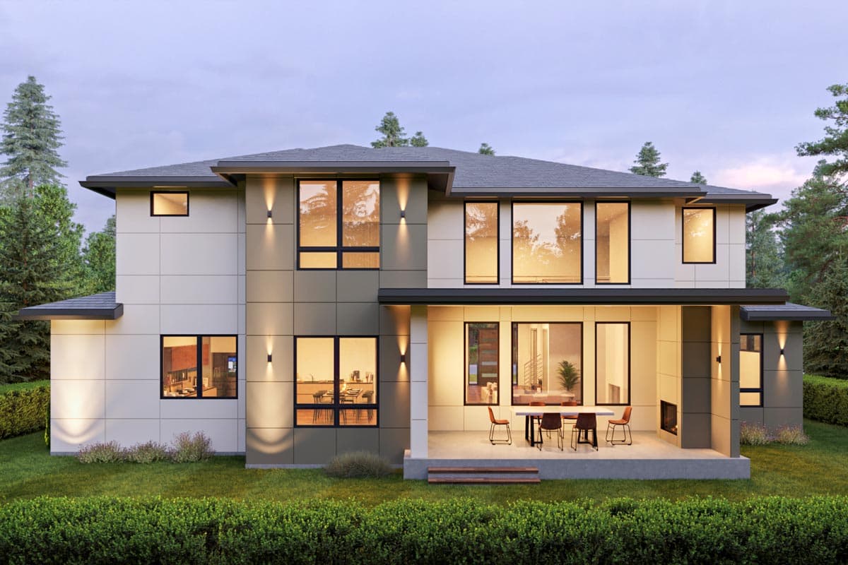 Modern two-story house plan exterior with expansive windows, covered patio with fireplace, and geometric siding.