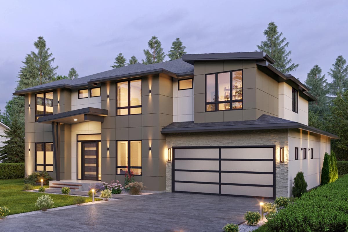 Modern two-story house plan exterior with geometric facade, large windows, prominent entry canopy, and multi-pane garage door.