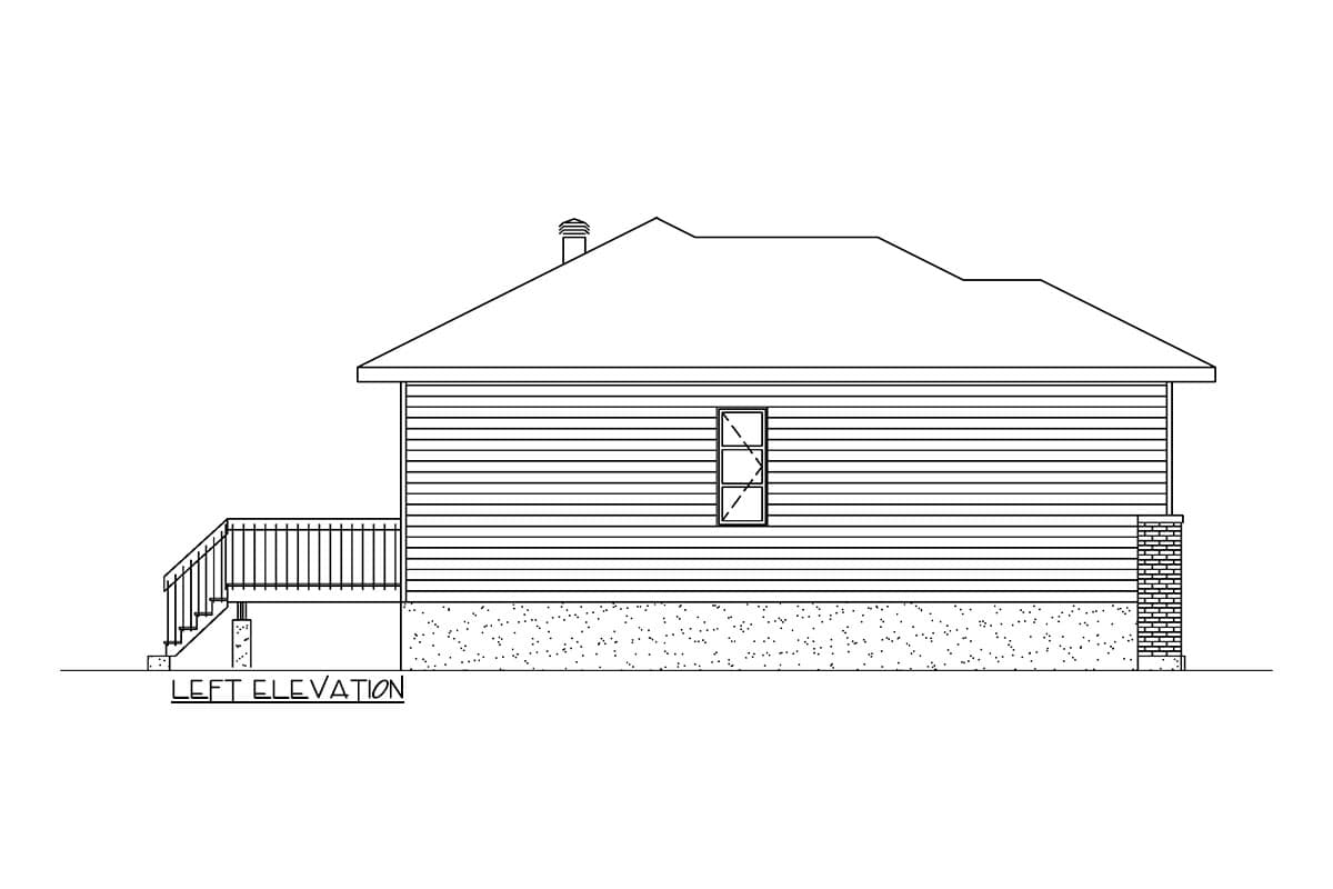 Left elevation of a house plan showing horizontal siding, a gabled roof, a porch with railings, and a single window.