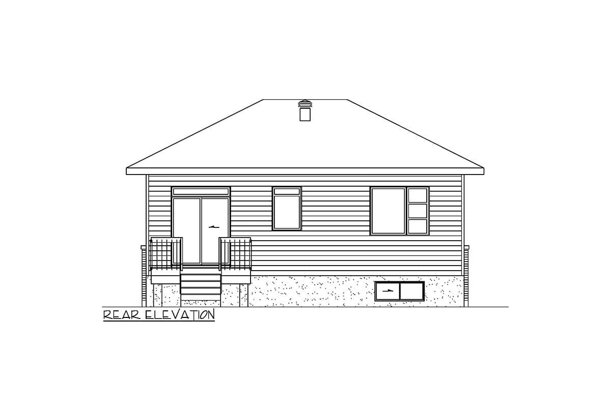 Rear elevation drawing of a one-story house with horizontal siding, a gabled roof, a back door with small porch, and basement windows.