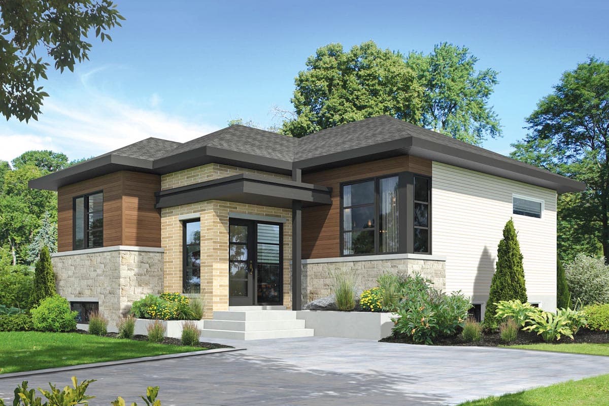 House plan exterior. Modern style with flat roof, stone and wood siding, and large windows. Features a covered entry and low profile rooflines.