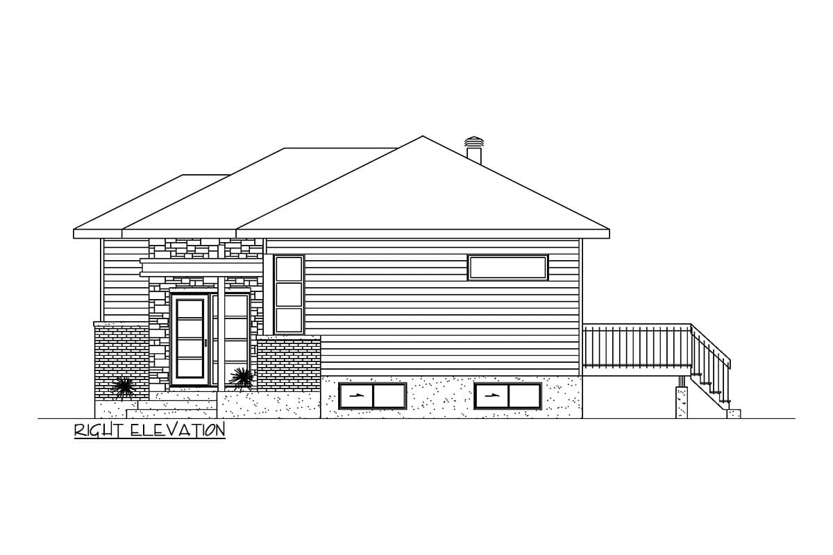 Right elevation house plan showing a single-story home with a covered entry, horizontal siding, and a rear deck.