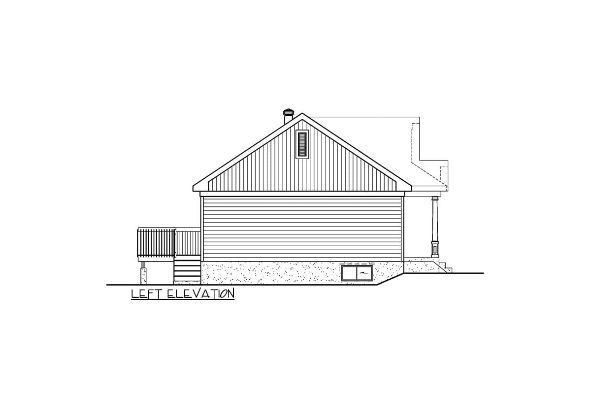 Left elevation drawing of a house plan with a gable roof, siding, deck, and porch with column.