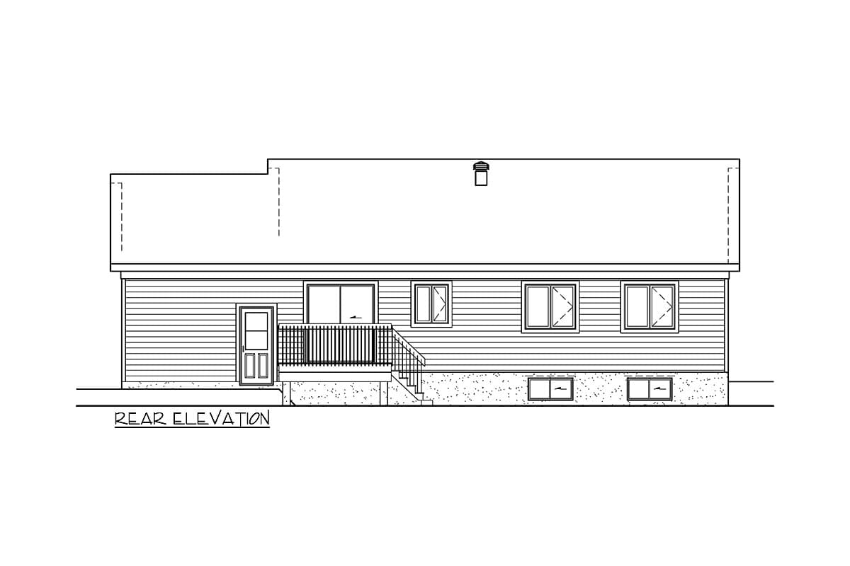 Rear elevation drawing of a house plan featuring horizontal siding, a door, a deck with stairs, and basement windows.
