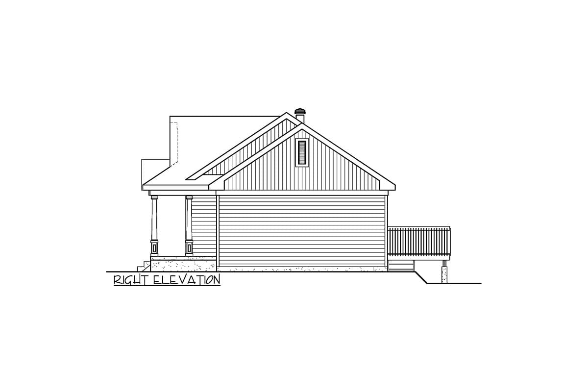 Right elevation of a house plan featuring a covered front porch, siding, a gable with a dormer window, and a rear deck.