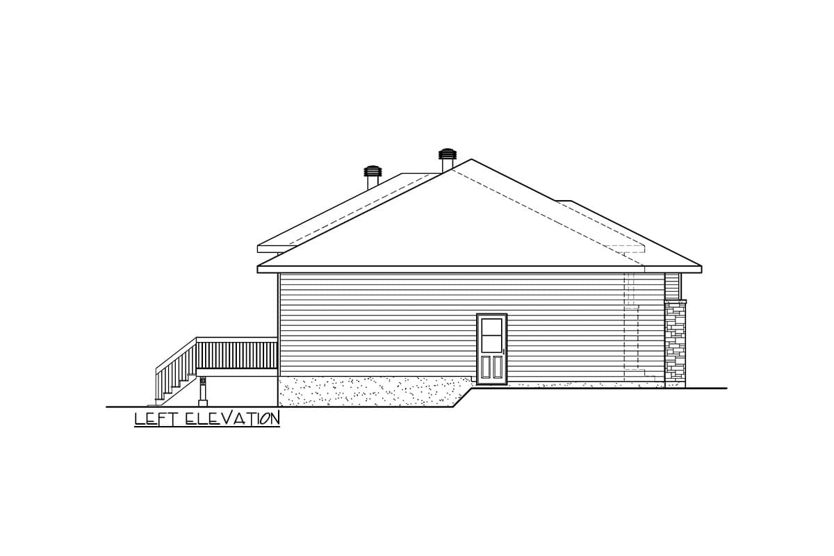 Left elevation house plan showing siding, a door, a deck with railings, and a gabled roof with dormers.