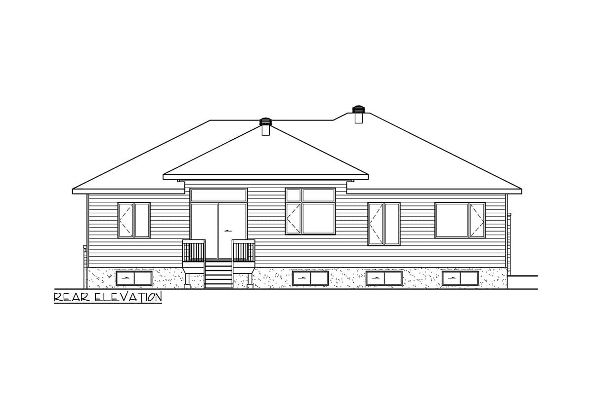 Rear elevation drawing of a one-story house plan with horizontal siding, a central glass door, and a hip roof.