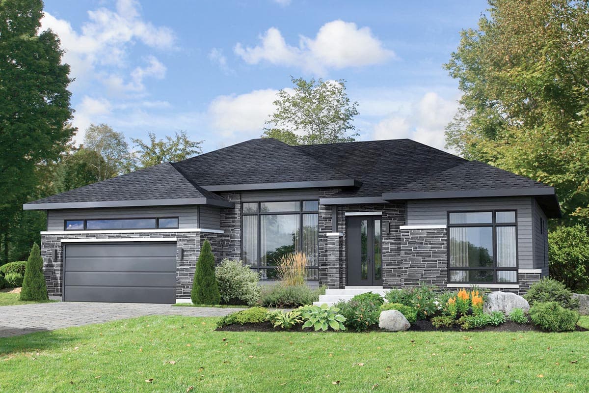House plan exterior with modern design. Single-story home features a low-pitched roof, stone and siding facade, and attached garage.