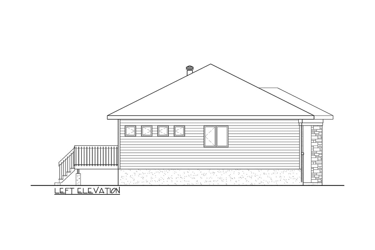 Left elevation house plan showing a single-story home with horizontal siding, a hip roof, a deck, and stone accents.