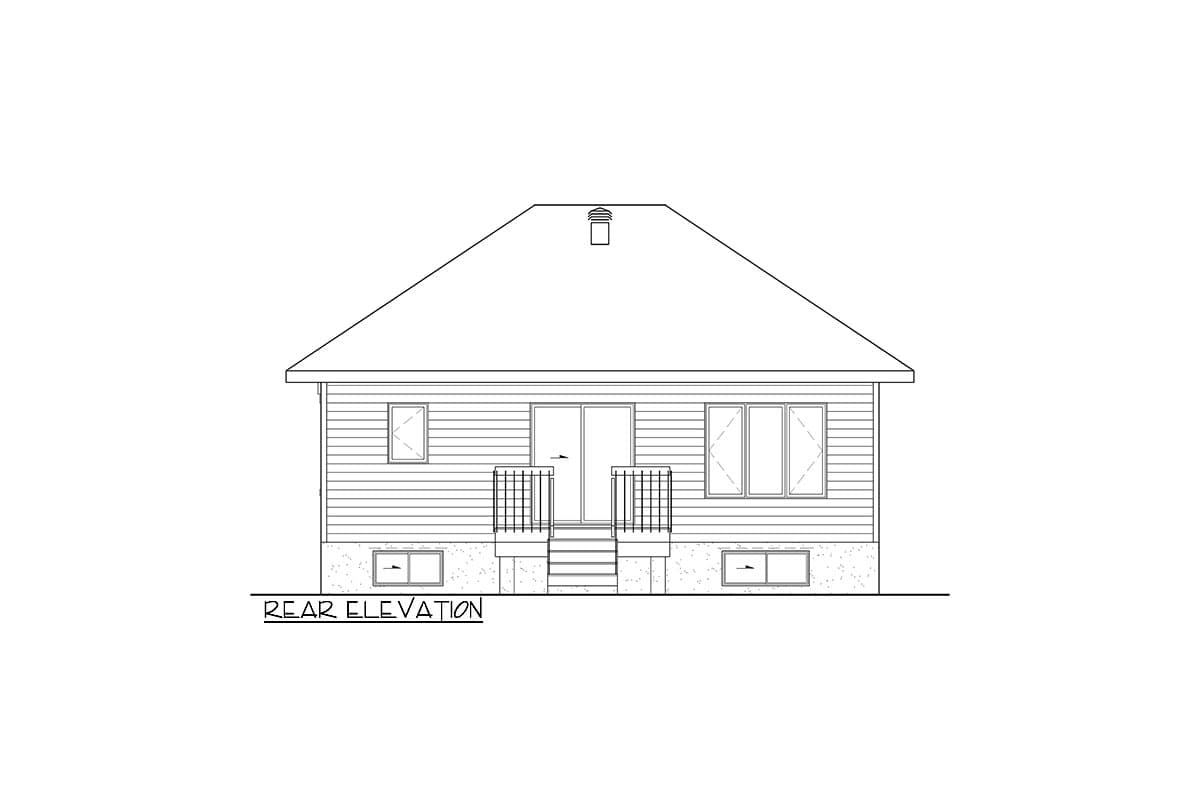 Rear elevation drawing of a house featuring horizontal siding, a gable roof, a sliding glass door, and two windows.