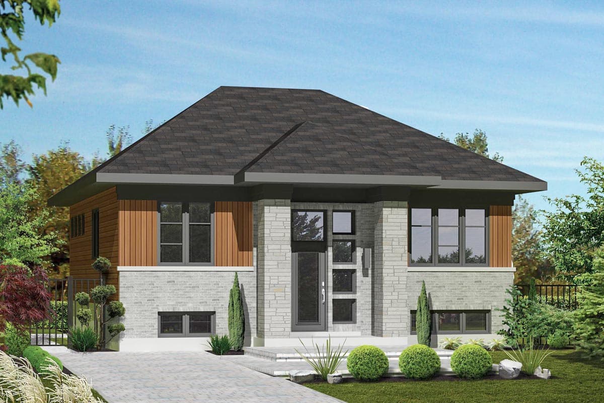 House plan exterior. Contemporary style, one-story home with a hipped roof. Features include brick facade, wood siding accents, and a covered entry.