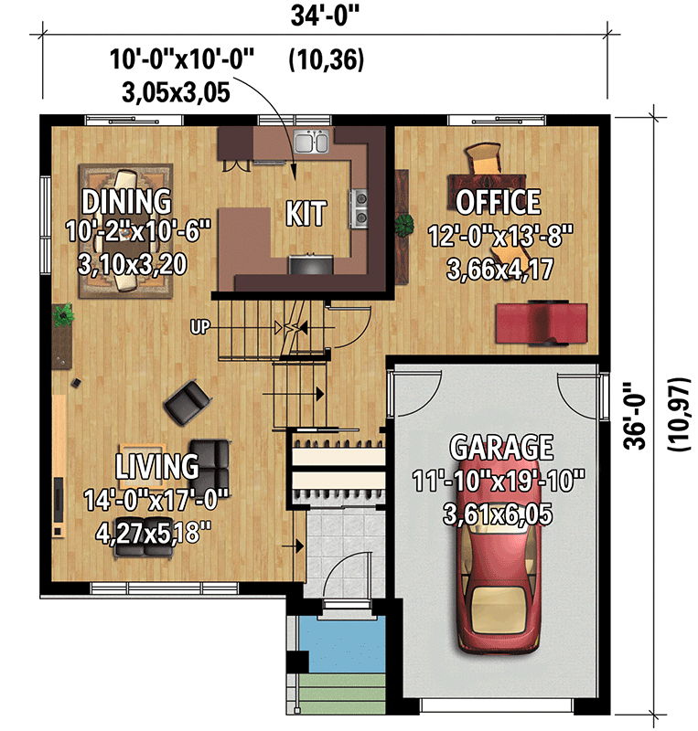 Plan 801008PM: Split-Level House Plan with Home Office and Single Garage - Floor Plan - Main Level - Modern, Northwest