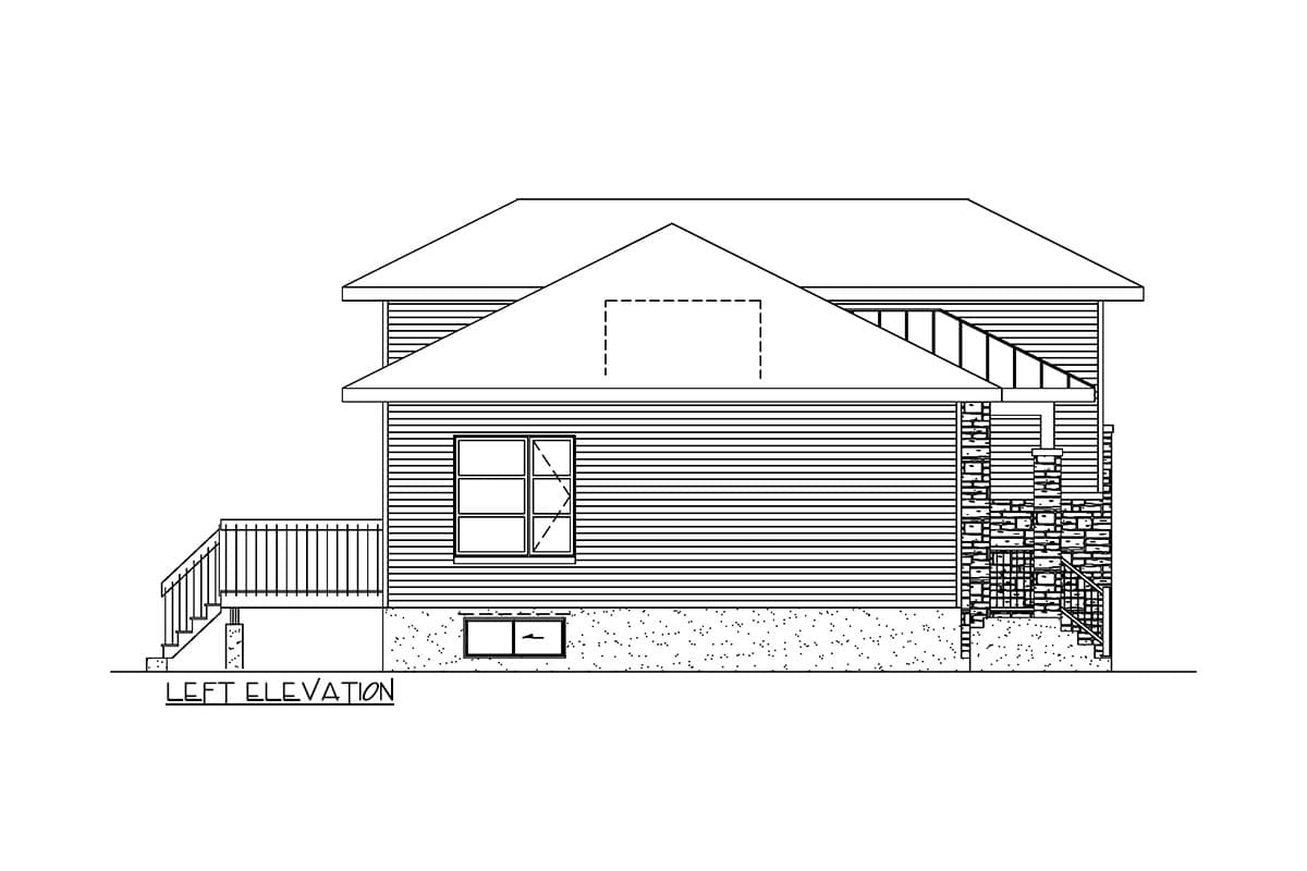 Left elevation house plan shows a multi-story structure with horizontal siding, a prominent gable roof, a deck with stairs, and a stone-clad entrance.