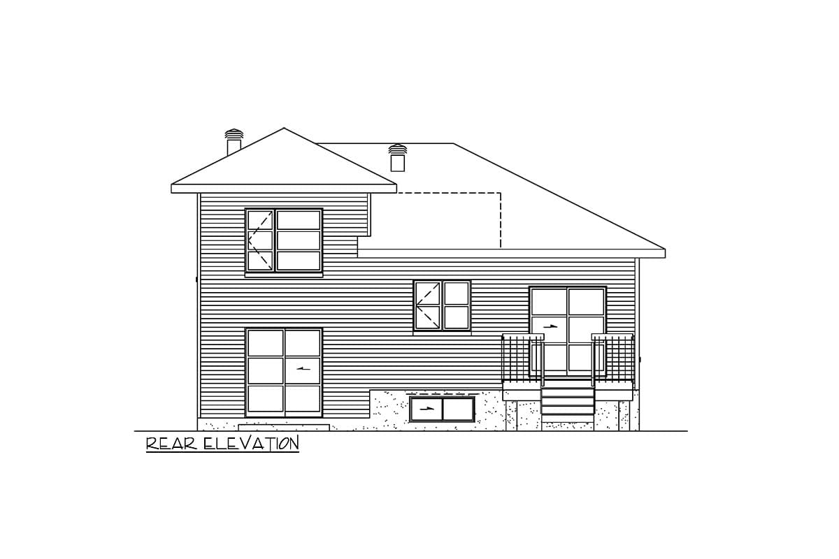 Rear elevation drawing of a two-story house with horizontal siding, multiple windows, a prominent roofline, and a rear entrance with stairs.
