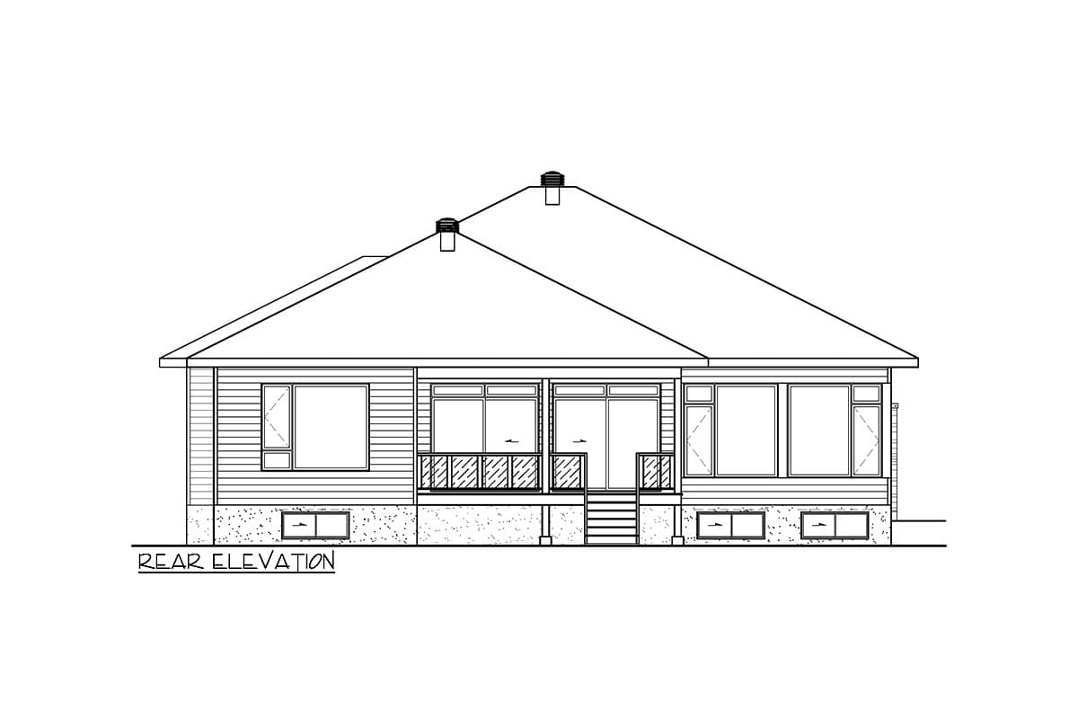 Rear elevation drawing of a single-story house plan with a prominent gable roof, two chimneys, and a central sliding door with adjacent windows.