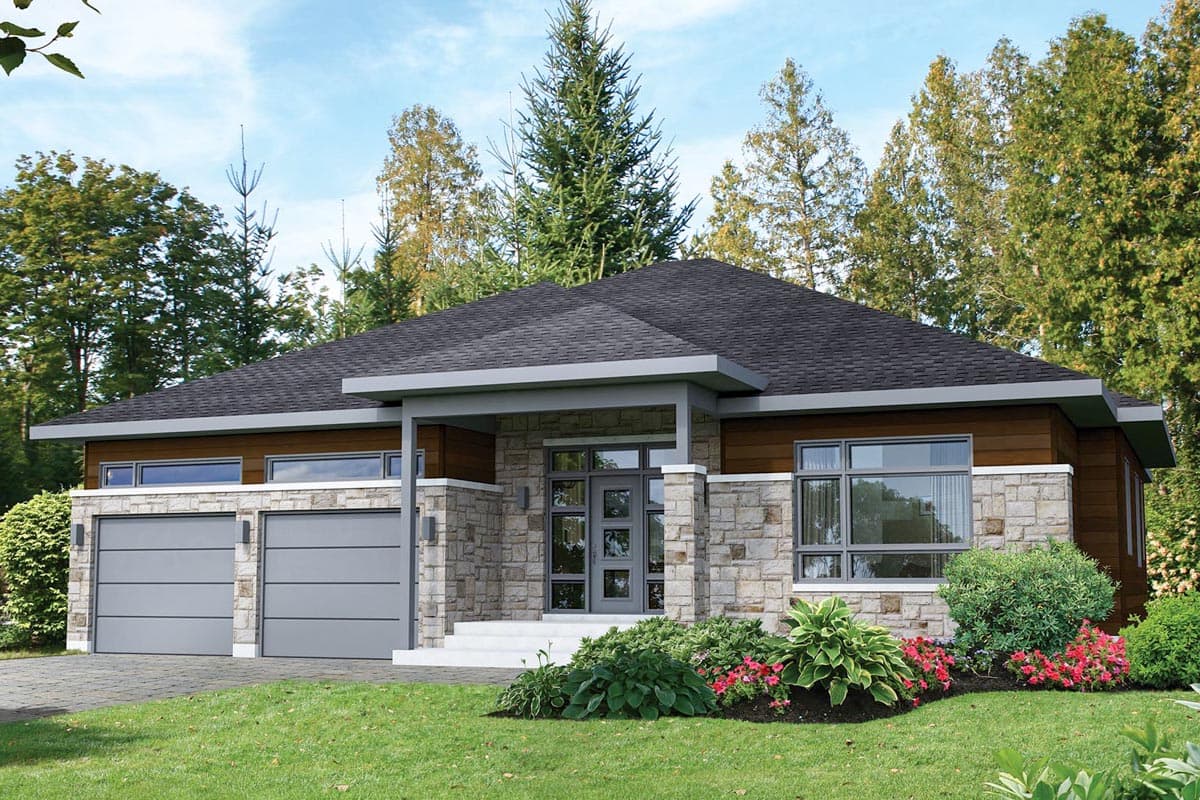 House plan exterior. Modern style, one story. Features include stone accents, flat roof, covered entry, and attached two-car garage.