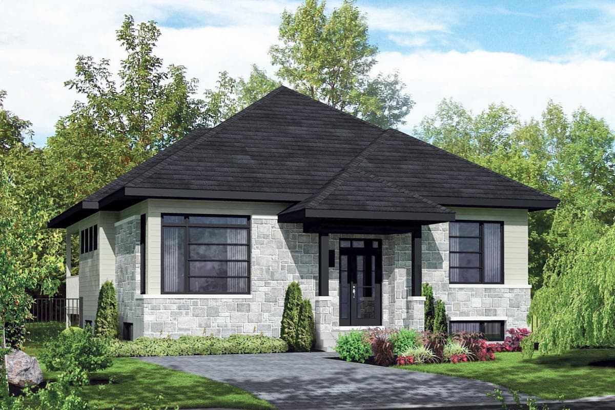 House plan exterior. One-story house with stone facade, dark roof, and covered entry porch. Large windows with black trim.
