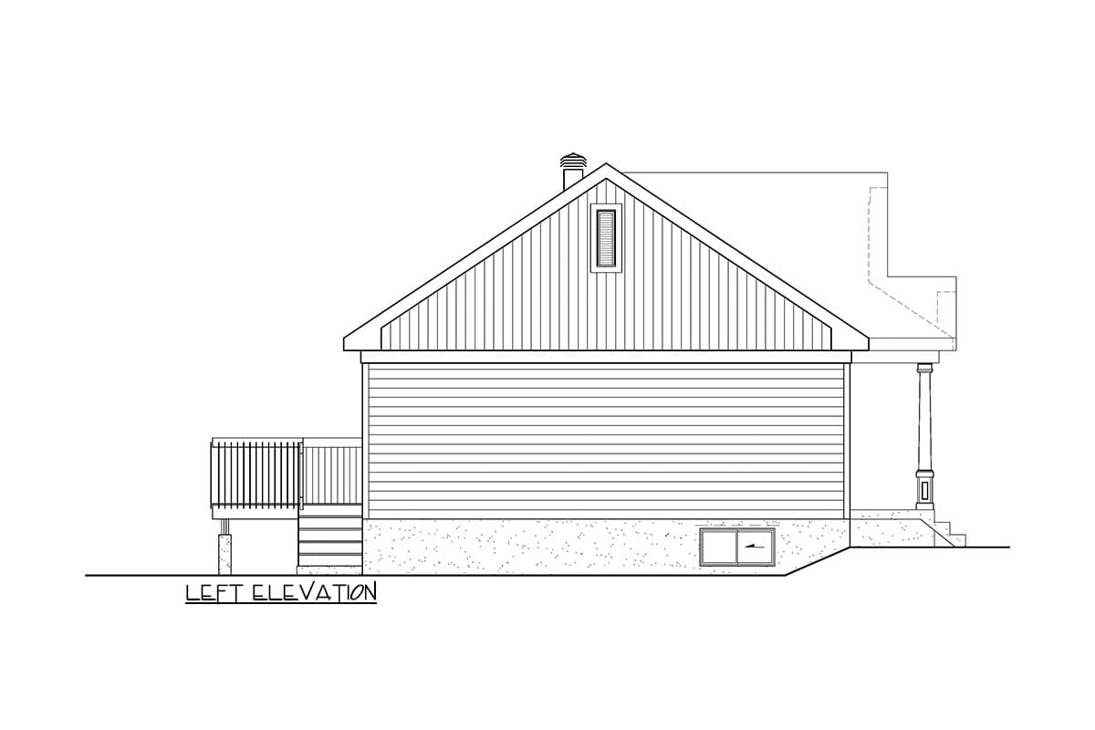 Left elevation drawing of a house plan showing siding, gabled roof with dormer, deck, and covered porch.