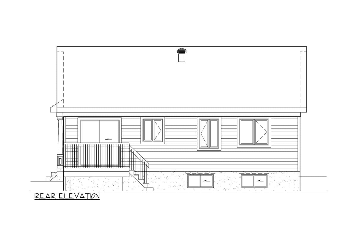Rear elevation house plan showing a one-story home with a deck, stairs, and basement windows.