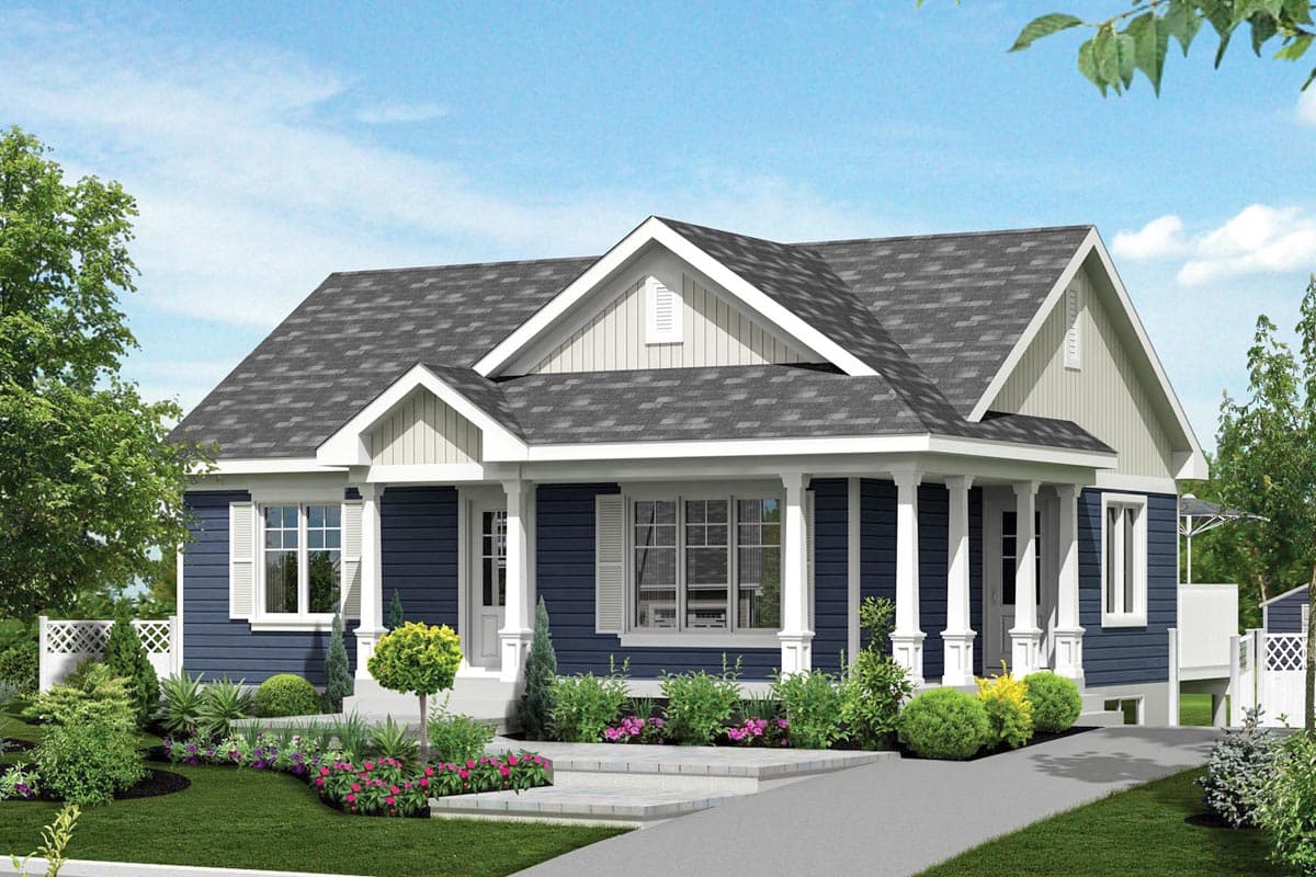 House plan exterior featuring a one-story design with gabled roof, columned porch, and multiple gables.