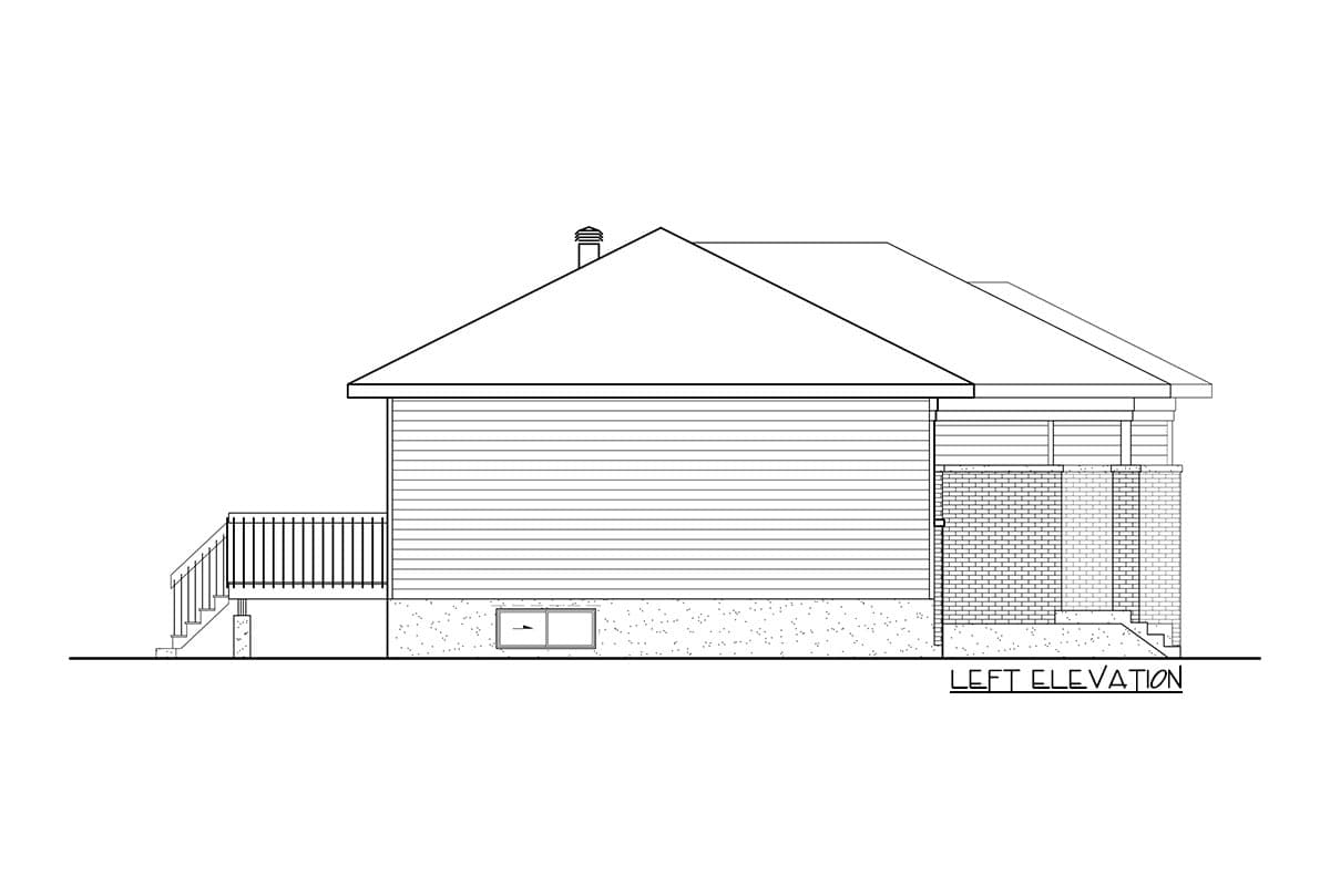 Left elevation of house plan showing siding, peaked roof, deck with railing, and brick-clad foundation.