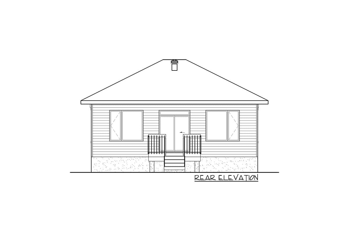 Rear elevation drawing of a one-story house with horizontal siding, two windows, and a central door with steps.