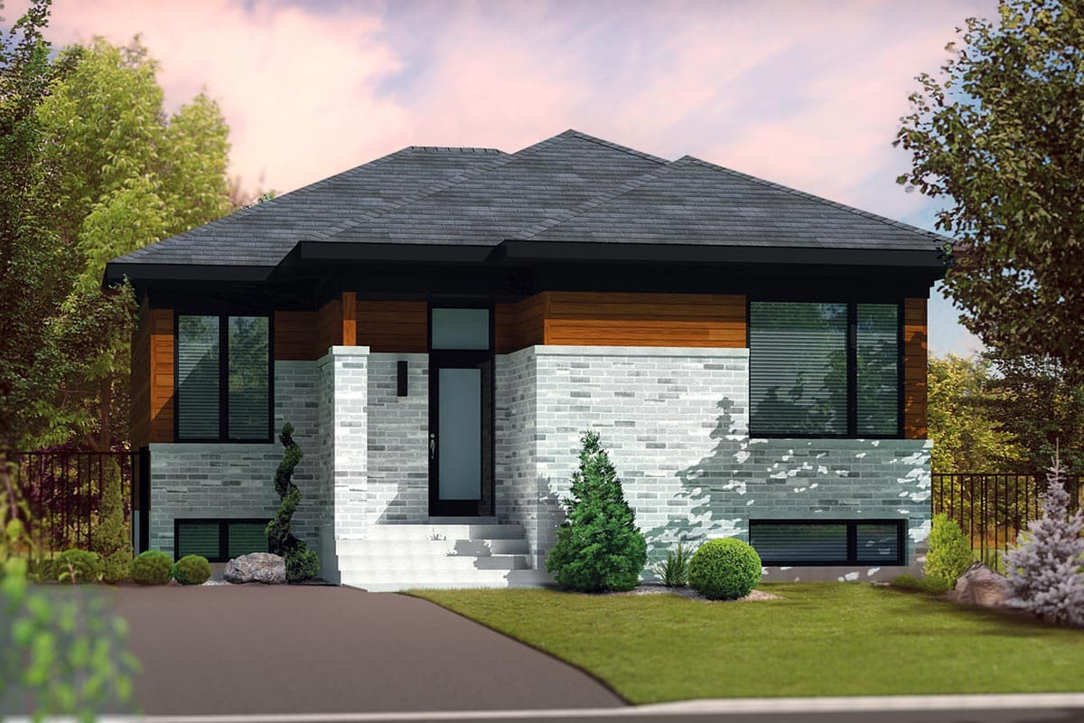 House plan exterior with mid-century modern style, single story, flat roof, and brick facade. Features include dark trim, and minimal landscaping.