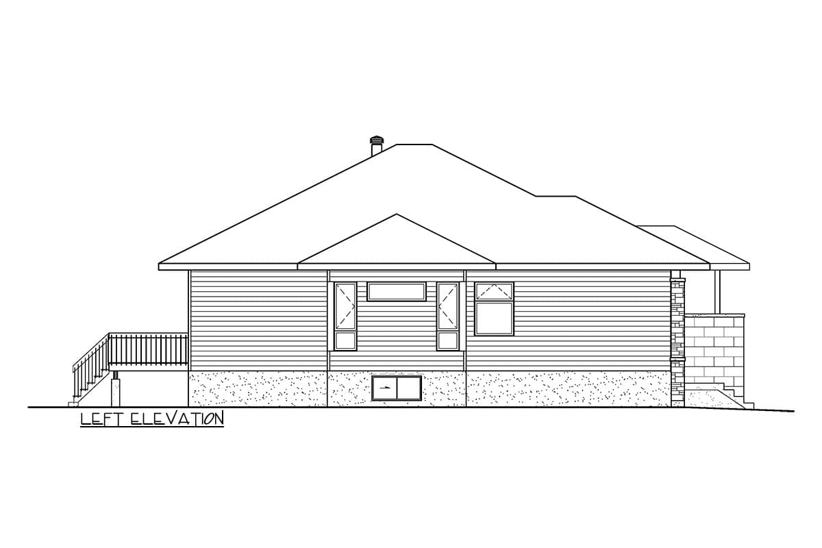 Left elevation drawing of a house plan featuring horizontal siding, multiple windows, a deck with railing, and a stepped foundation.