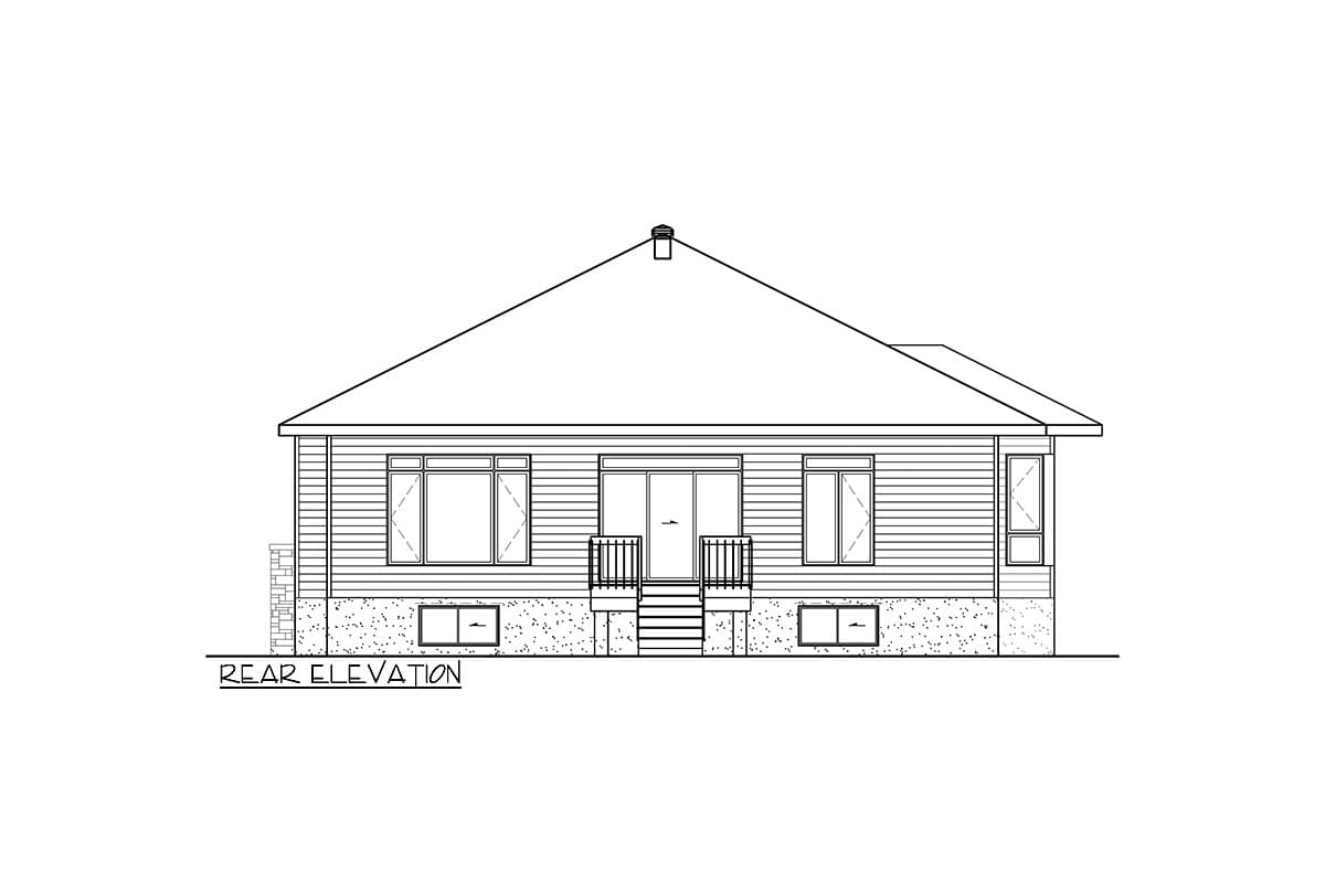 Rear elevation drawing of a single-story house with horizontal siding, double doors, and multiple windows.