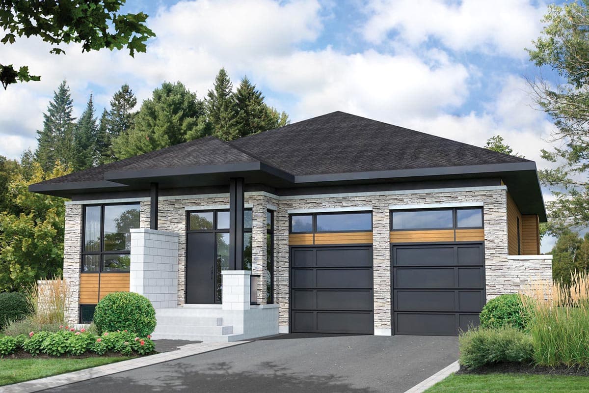 House plan exterior. Modern style with stone and wood facade, flat roof, and two-car garage. Features include a covered porch and large windows.