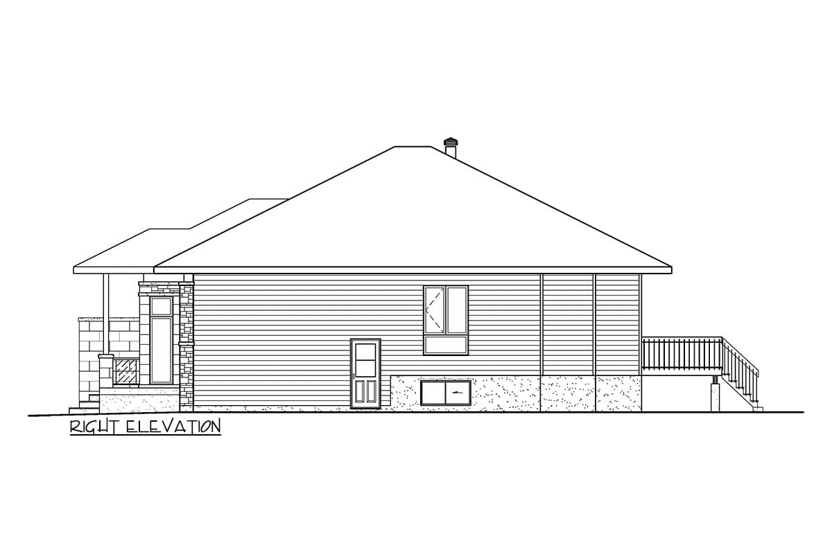 Right elevation house plan with siding, stone accents, covered porch, door, windows, and deck with railing.