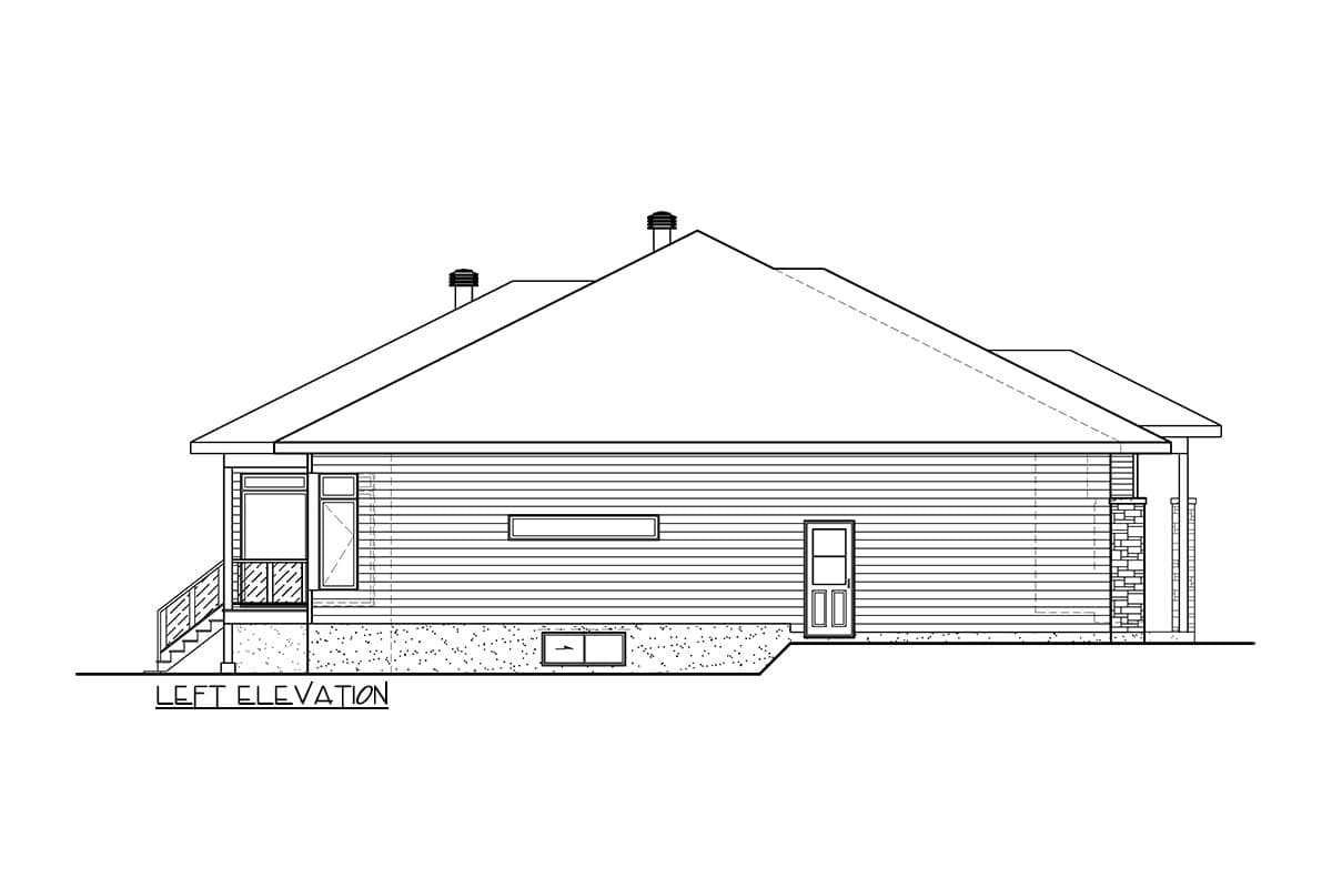 Left elevation house plan showing a single-story home with a hip roof, horizontal siding, two windows, and a door.