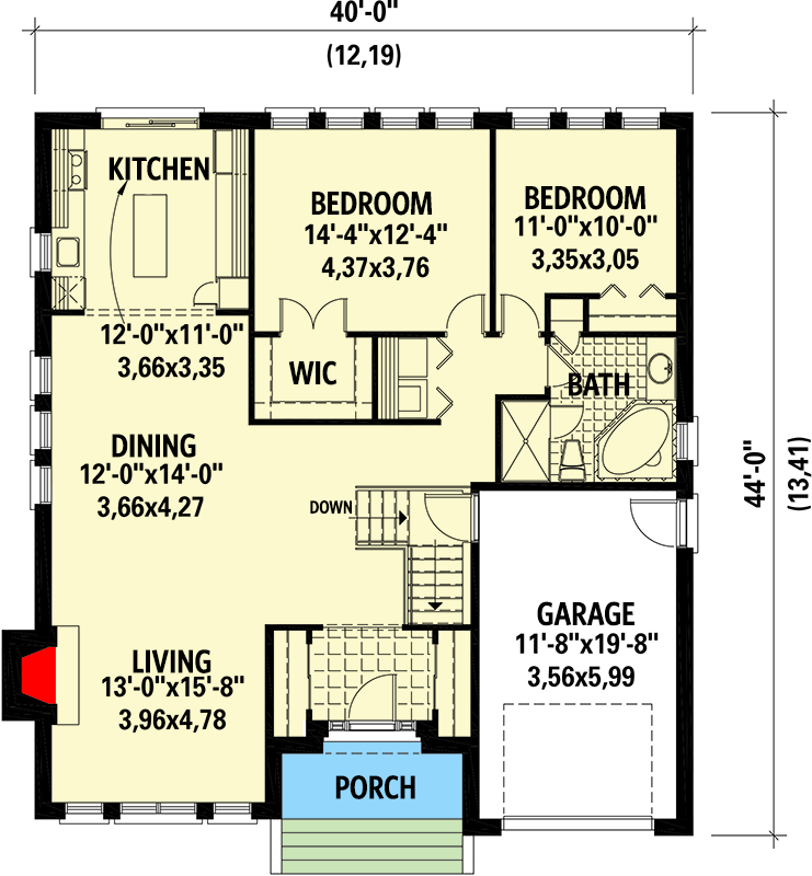Plan 801017PM: 1406 Square Foot 2-Bed Contemporary House Plan with Hip Roof - Floor Plan - Main Level - Bungalow, Contemporary, New Orleans