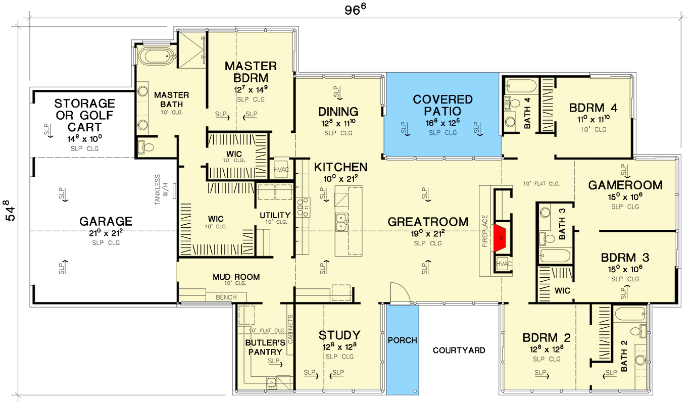 Plan 31212D: Contemporary Hill Country Ranch Plan with Golf Cart Storage - Floor Plan - Main Level - Contemporary, Hill Country, Mid Century Modern, Modern, Ranch