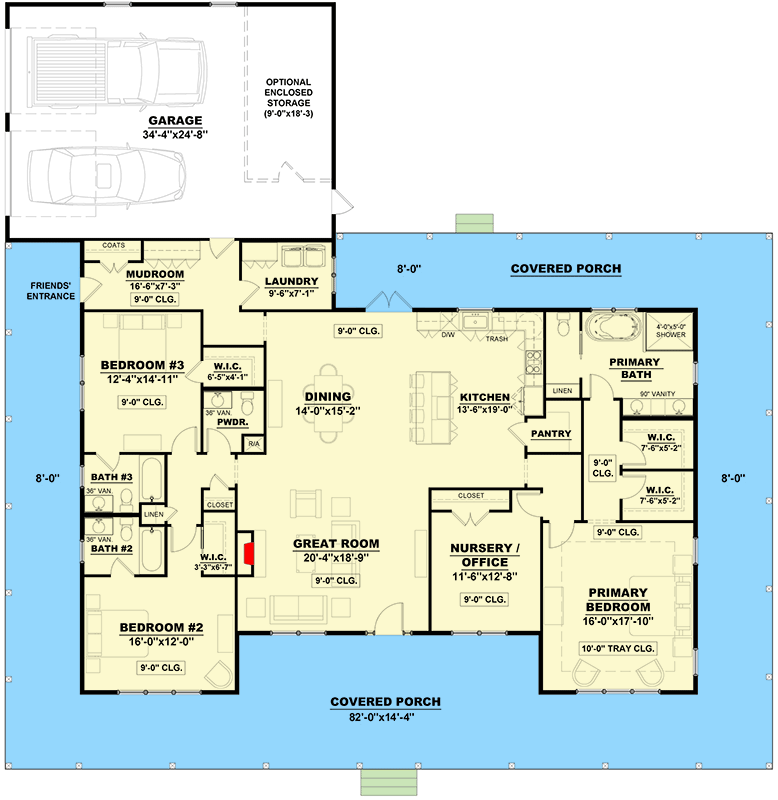 Plan 810013RBT: Southern Traditional House Plan with Flex Room and Full Wrap-Around Porch - Floor Plan - Main Level - Country, Ranch, Southern