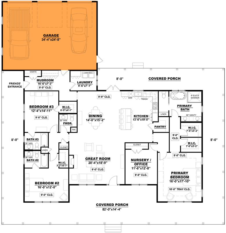 Plan 810013RBT: Southern Traditional House Plan with Flex Room and Full Wrap-Around Porch - Floor Plan - Optional 3-Car Rear Garage - Country, Ranch, Southern