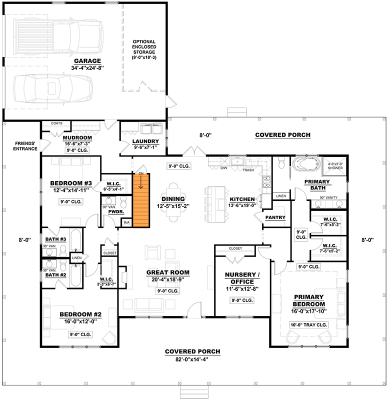 Plan 810013RBT: Southern Traditional House Plan with Flex Room and Full Wrap-Around Porch - Floor Plan - Main Level - Basement Stairs Location - Country, Ranch, Southern