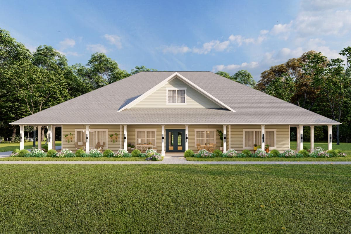 House plan exterior. Ranch style with a wide front porch supported by columns. Features include a gable over the entry and a low-pitched roof.