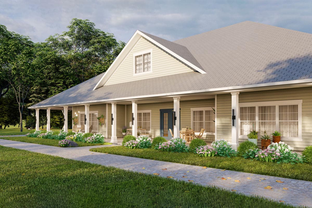 House plan exterior of a single-story Modern Farmhouse with a wraparound porch, gabled dormer, and wide eaves.
