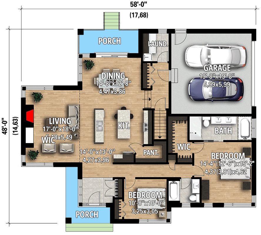 Plan 801018PM: One-Level 1745 Square Foot Modern Bungalow with 2-Car Garage - Floor Plan - Main Level