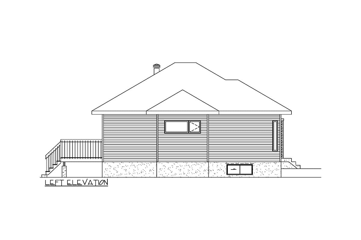 Left elevation house plan showing a single-story structure with horizontal siding, a deck with railing, and a gable roof.