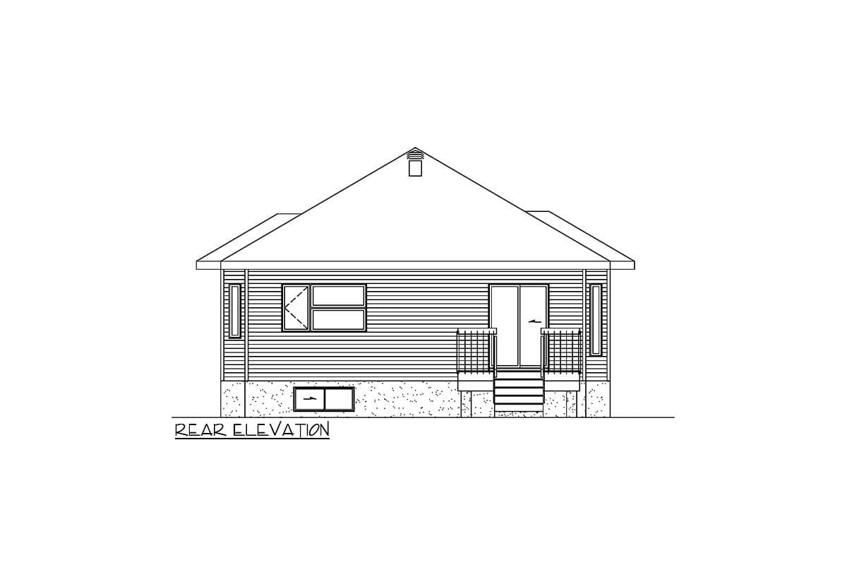 Rear elevation drawing of a one-story house with horizontal siding, a gabled roof, a sliding glass door, and a small deck.