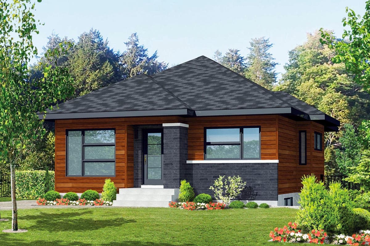 House plan exterior. Single-story home with a gabled roof, wood siding, and brick accents. Features include large windows and a front entry.