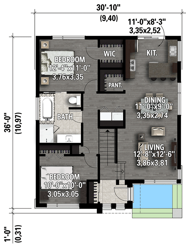 Plan 801020PM: 1032 Square Foot Urban Bungalow with 2 Bedrooms - Floor Plan - Main Level - Bungalow, Contemporary, Modern, Northwest