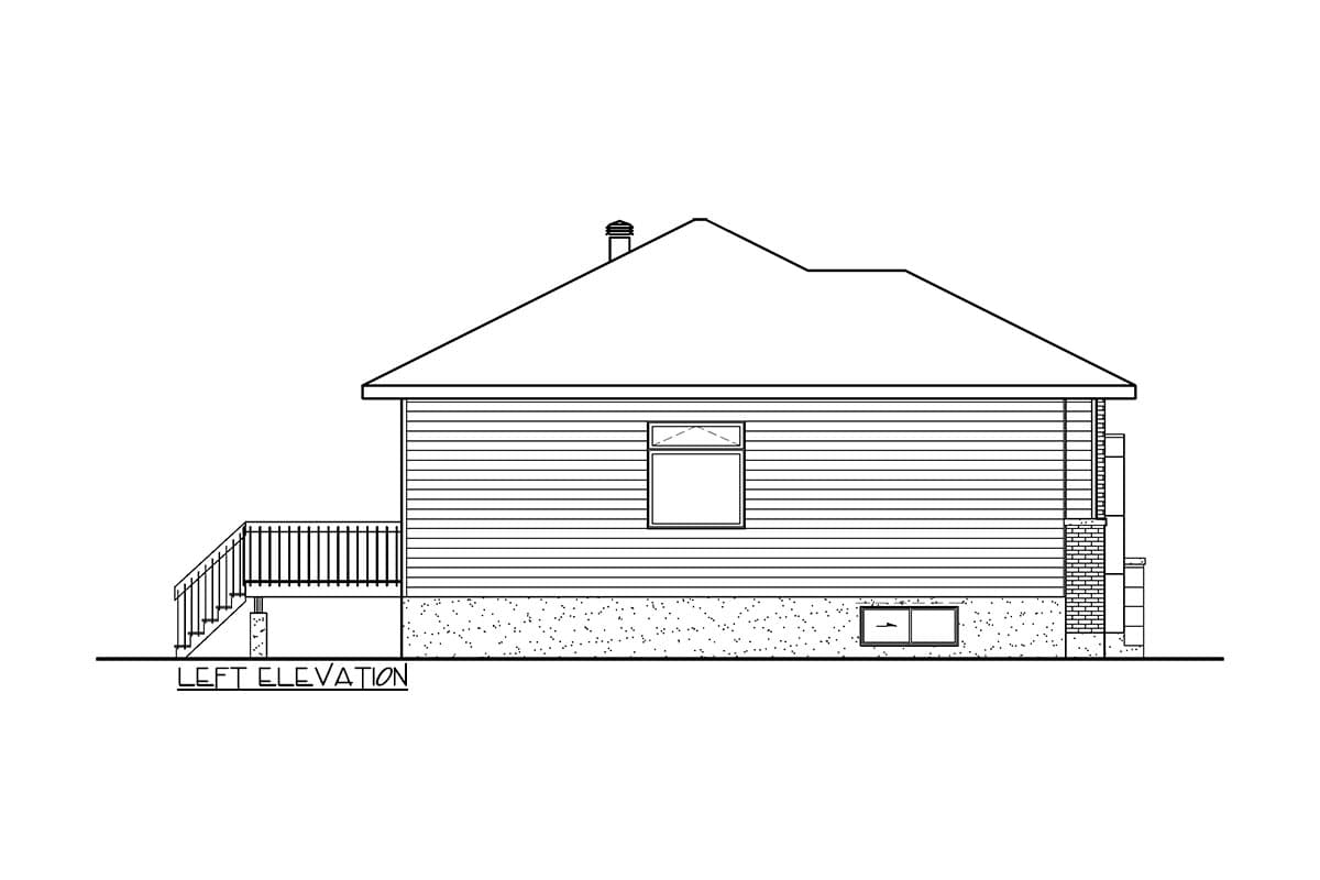 Left elevation drawing of a house plan showing horizontal siding, a deck, and a sloped roofline.