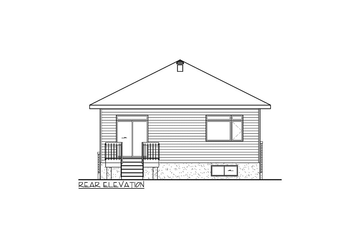 Rear elevation drawing of a house plan featuring horizontal siding, a gable roof, a double door, and a single window.